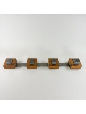 Vintage Wood & Metal Wall Mount Coat Rack 4 Wooden Blocks With Hooks